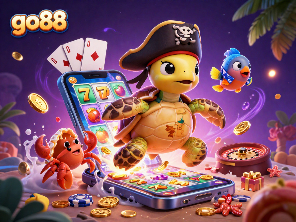 Experience go88 with an engaging scene of a pirate turtle and friends celebrating casino wins.