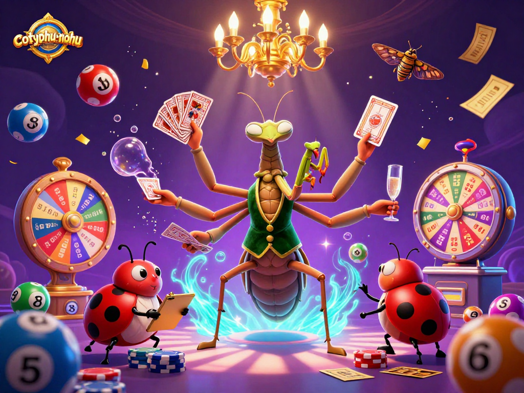 Experience the thrill of cotyphu-nohu with a giant praying mantis card sharp amid colorful casino elements.