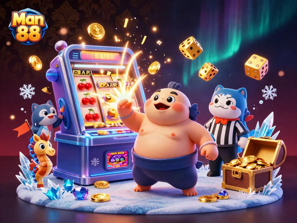 Engage in thrilling action at Man 88's casino with vibrant slot scenes and festive characters.