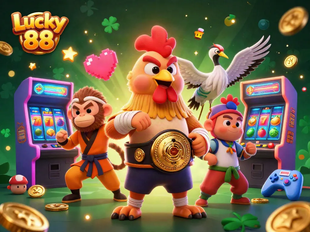 Experience vibrant action with Lucky 88 in a dynamic casino illustration filled with playful gaming elements.