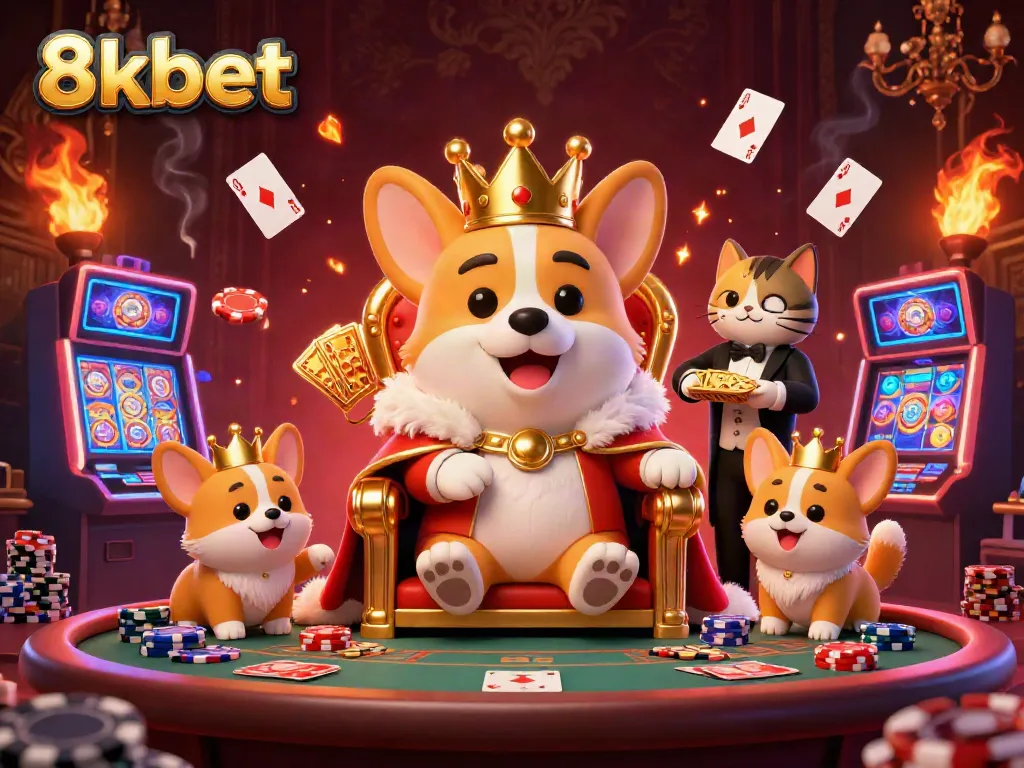 Experience gaming excitement at 8xbet with a royal corgi theme flanked by casino elements.