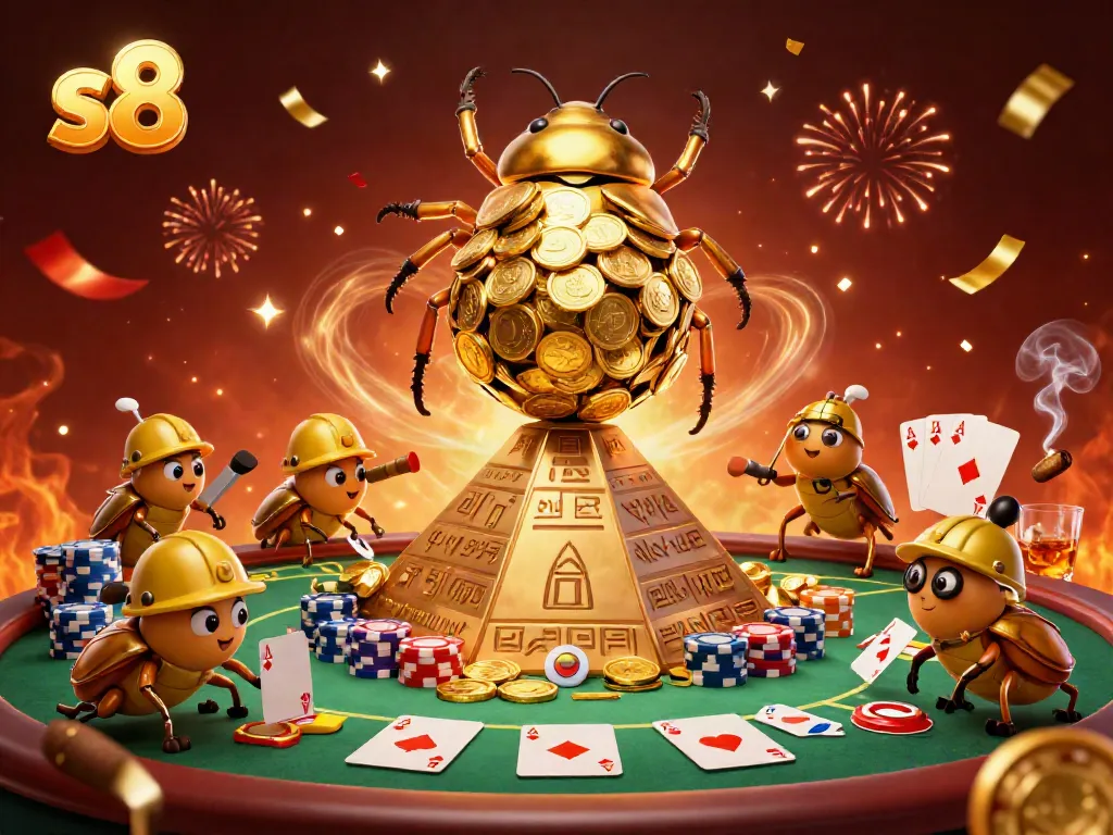 Experience the thrilling world of s8 with a golden beetle rolling coins amidst poker riches.