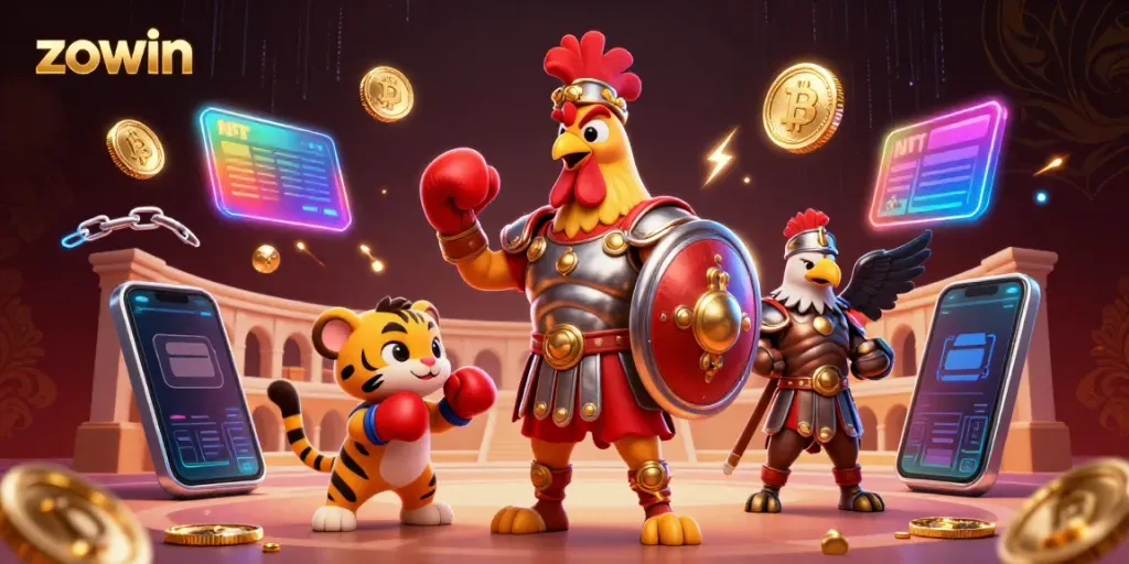 Zowin offers immersive casino experiences with a gladiator rooster and allies in a dynamic illustration.