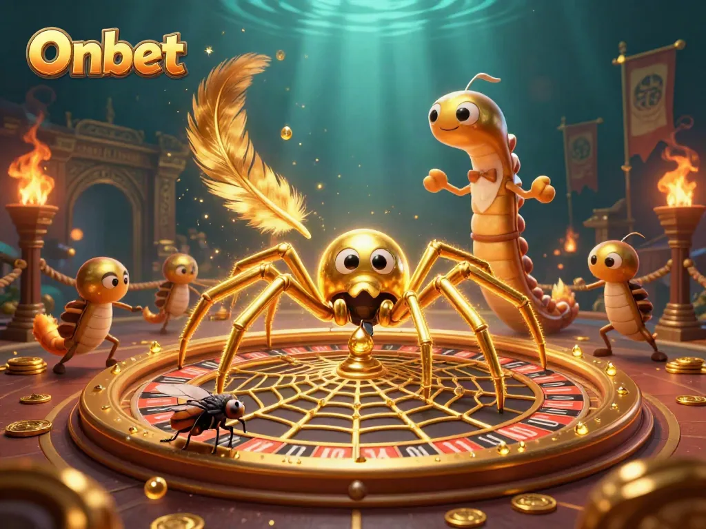 Onbet-themed 3D illustration showcasing a golden spider, fly, and centipede croupier in a vibrant casino scene.