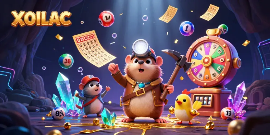 Experience the excitement of XOILAC with a treasure hunter and gems, surrounded by colorful lottery elements.