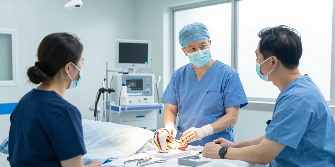 Consultation about bel kayması ameliyatı in a modern hospital with a surgeon and patient.