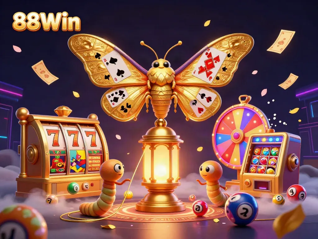 88Win showcases a vibrant casino scene with a giant moth and dynamic gambling elements.
