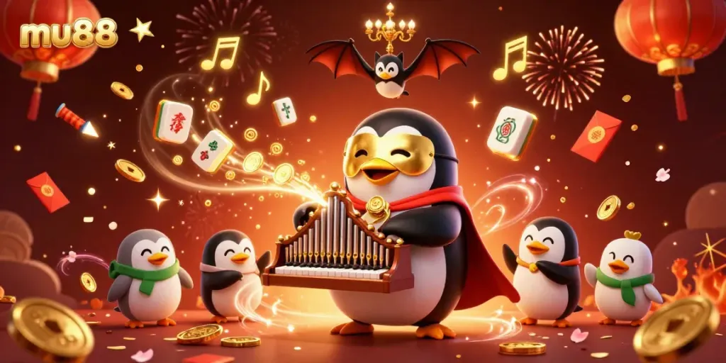 Experience the thrill of mu88 with a vibrant 3D scene of a whimsical penguin at a casino organ