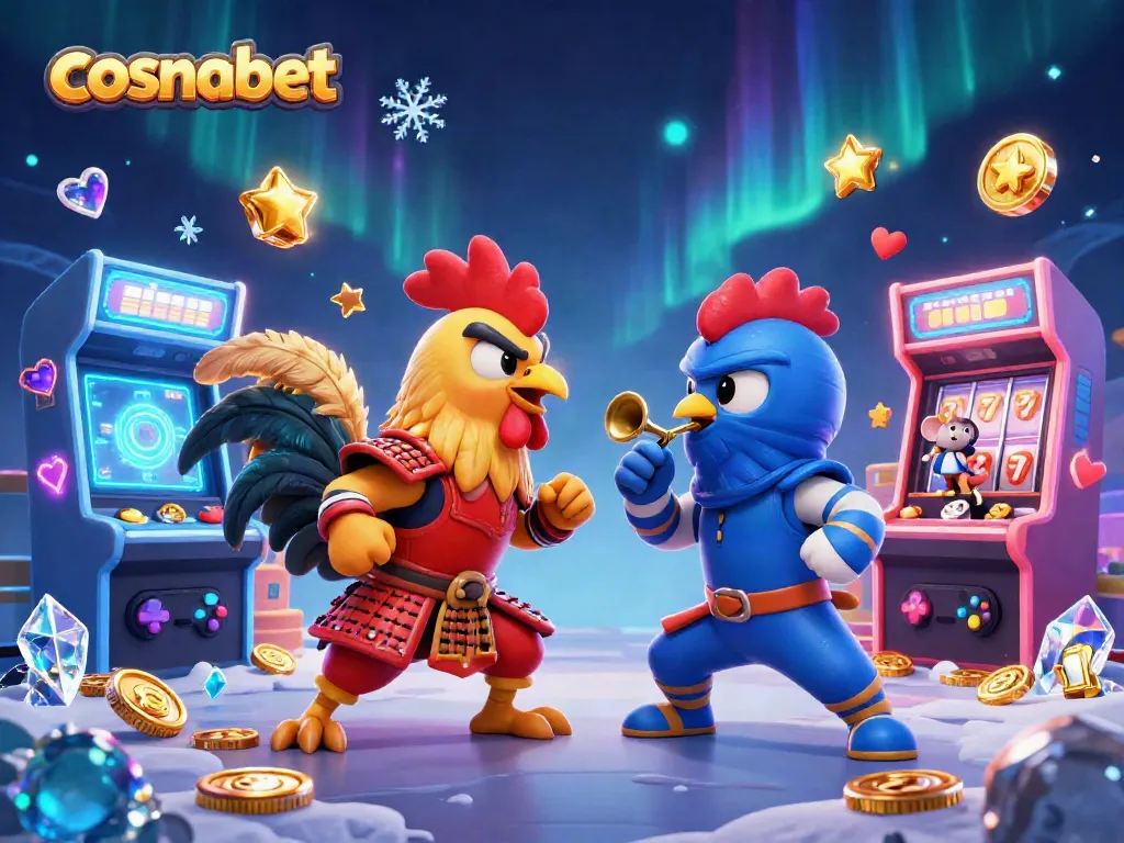 Engage with cosmobet's thrilling casino scene featuring dynamic cartoon fighting roosters in a striking standoff.