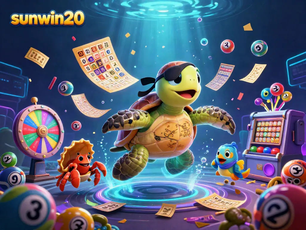 Experience the thrill of sunwin20 as a pirate turtle unveils casino treasures amid vibrant lottery elements.