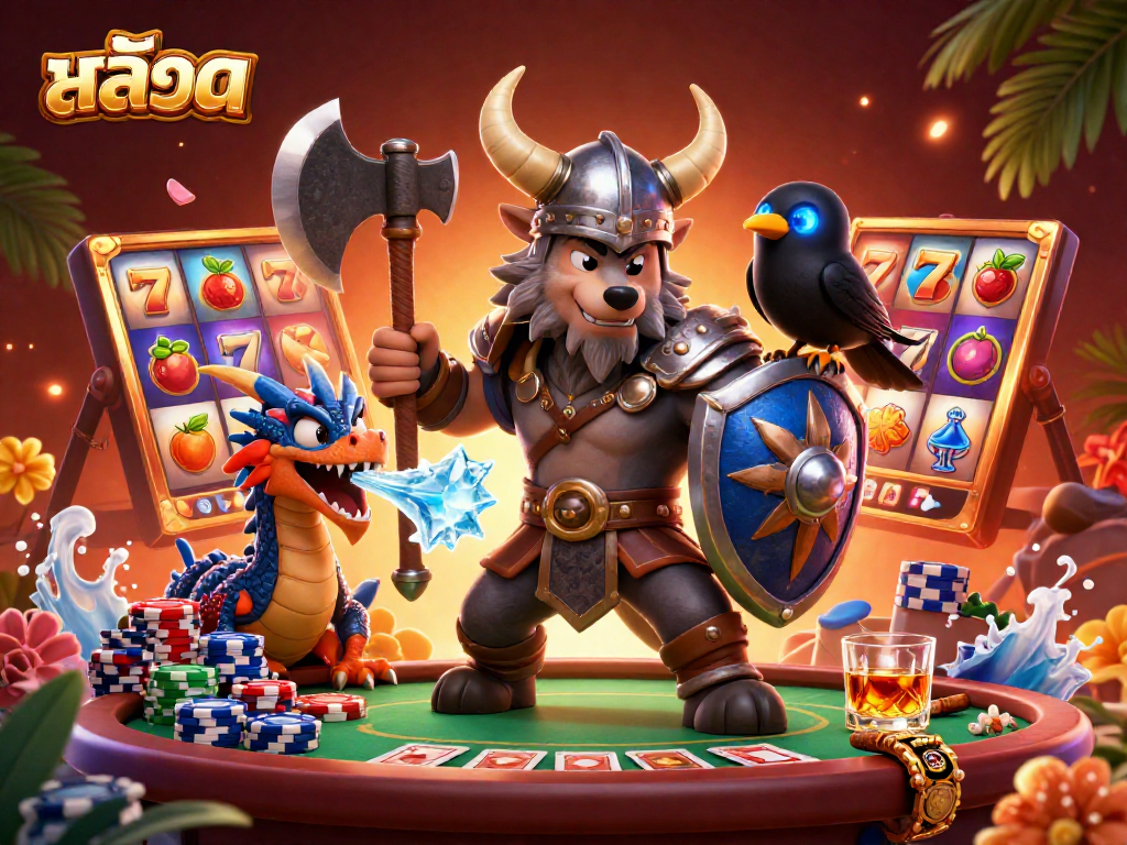 Engage with สล็อต through a dynamic scene featuring Viking characters amidst vibrant slot game elements.
