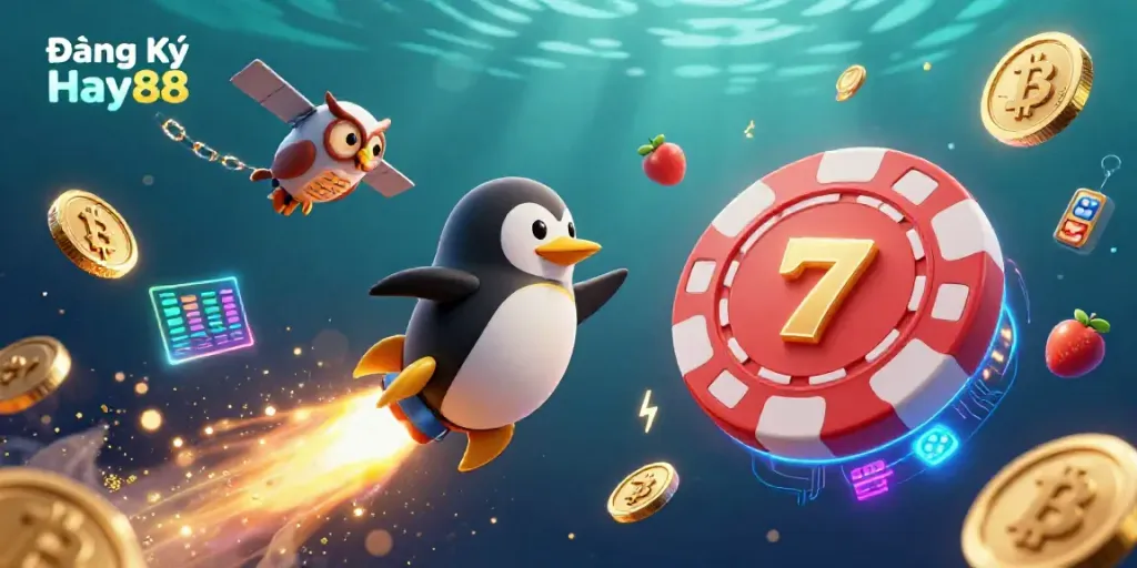 Engage with the thrilling world of Đăng Ký Hay88, featuring a dynamic scene of a golden penguin spaceship and casino elements.