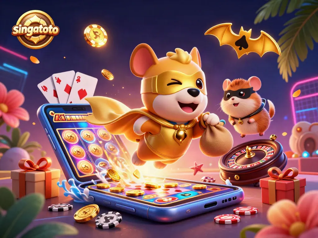 Experience the excitement of singatoto with a superhero dog and a hamster in a vibrant casino scene.