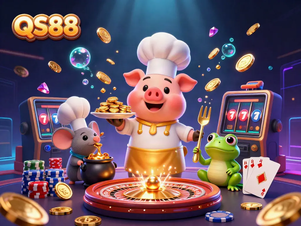 Experience the thrilling QS88 casino world with a lively chef pig, golden coins, and vibrant game elements.