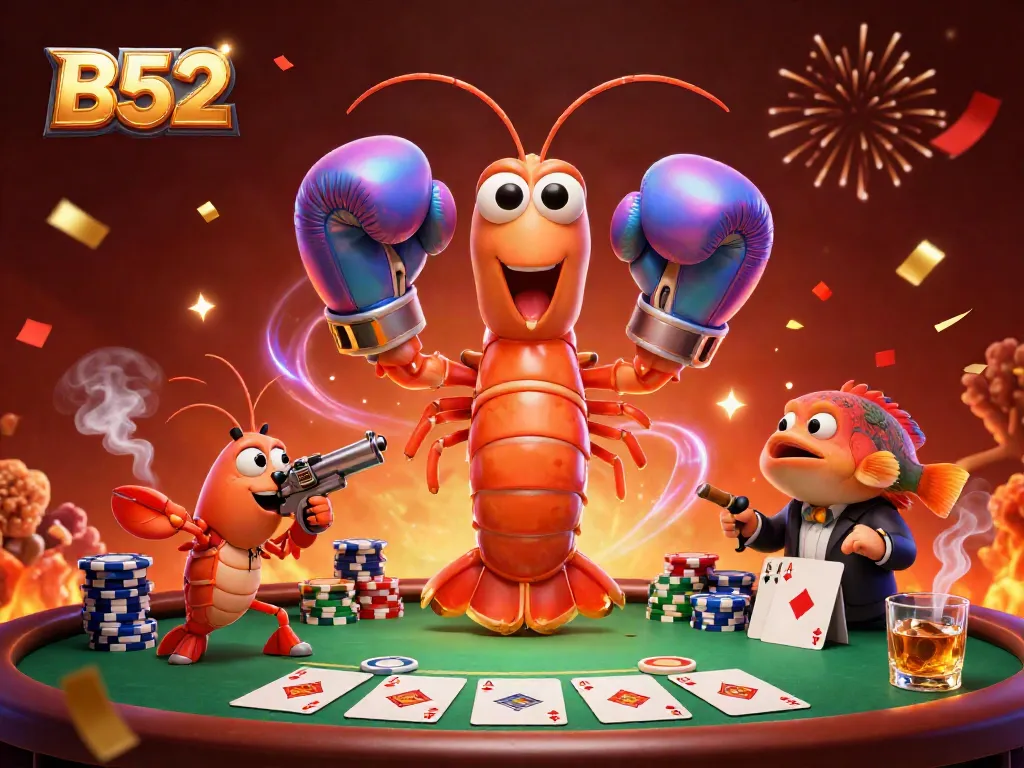 A dynamic scene featuring B52 with colorful poker chips and game elements, engaging players in a lively casino atmosphere.