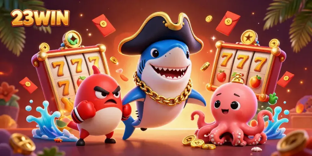 Experience the thrilling slots action with the vibrant characters of 23WIN showcasing jackpot excitement.