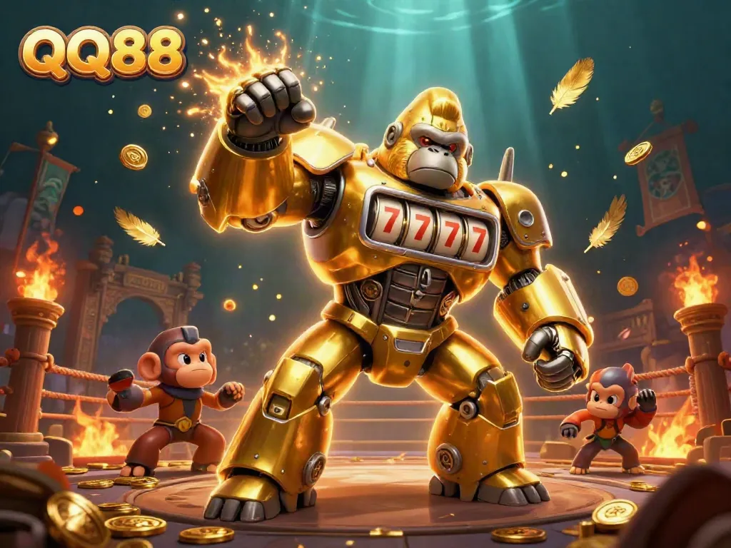 Engage in excitement with QQ88's dynamic 3D casino action featuring a golden gorilla mech and coins flying.