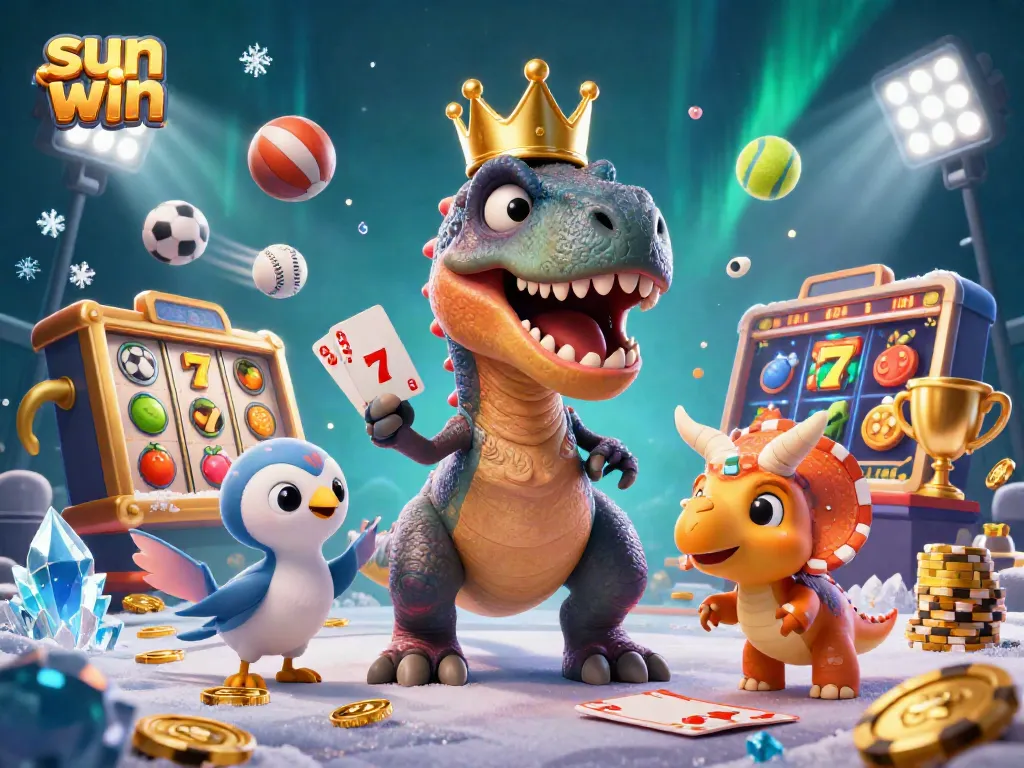 Engage in thrilling casino games with sun win, featuring cartoon characters like a T-Rex and dynamic betting elements.