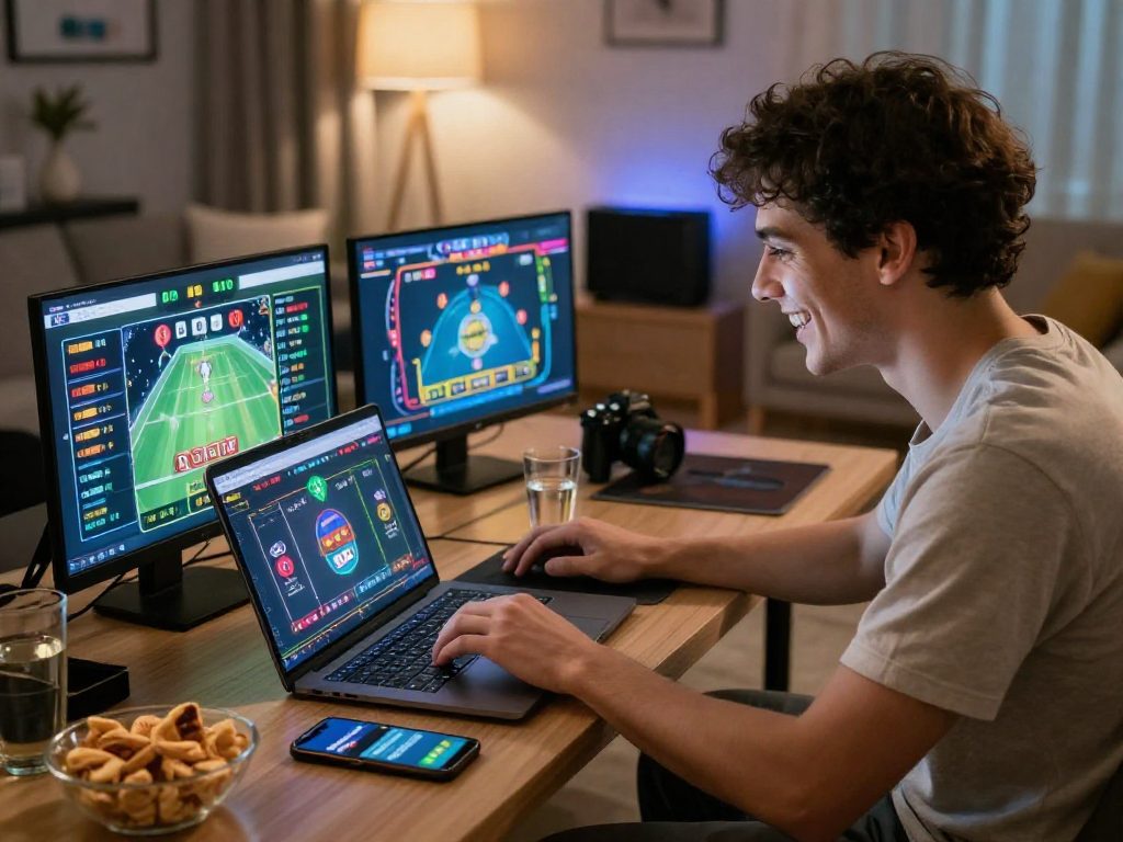 Exciting online gaming experience with GB 444 casino platform in a cozy home setting.