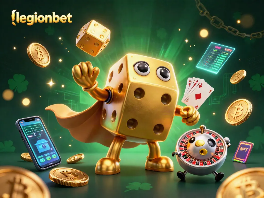 Engage with legionbet's thrilling casino adventures through an energetic 3D illustration featuring golden dice and immersive gaming elements.