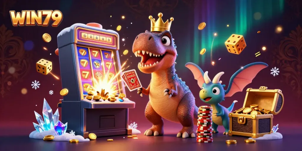 WIN79 showcases a vibrant casino scene with cartoon dinosaurs and dynamic game elements.