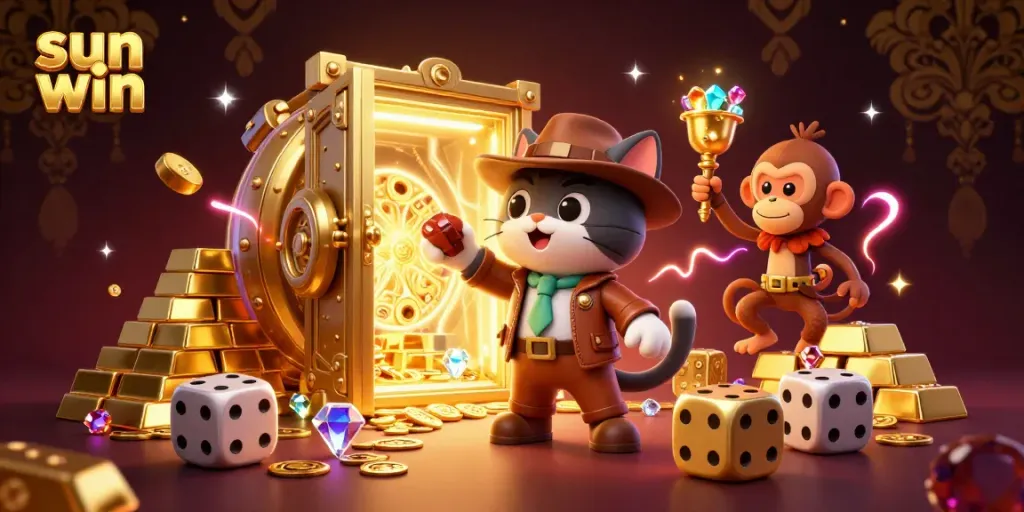 Experience the thrill of 'sun win' with our vibrant 3D illustration of a cat explorer discovering a casino treasure.
