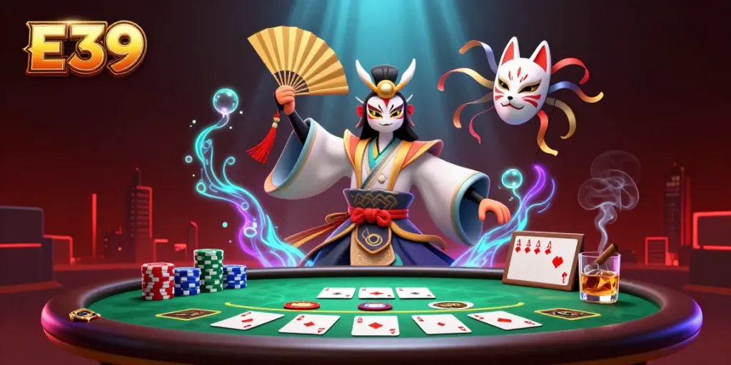 Engage with E39's vibrant casino atmosphere featuring kabuki warriors and poker excitement.