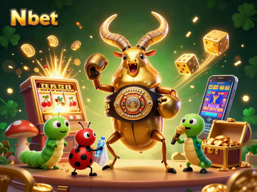 N bet showcases thrilling gameplay with a golden stag beetle in a boxing belt, ladybug corner-man, and dynamic casino elements.