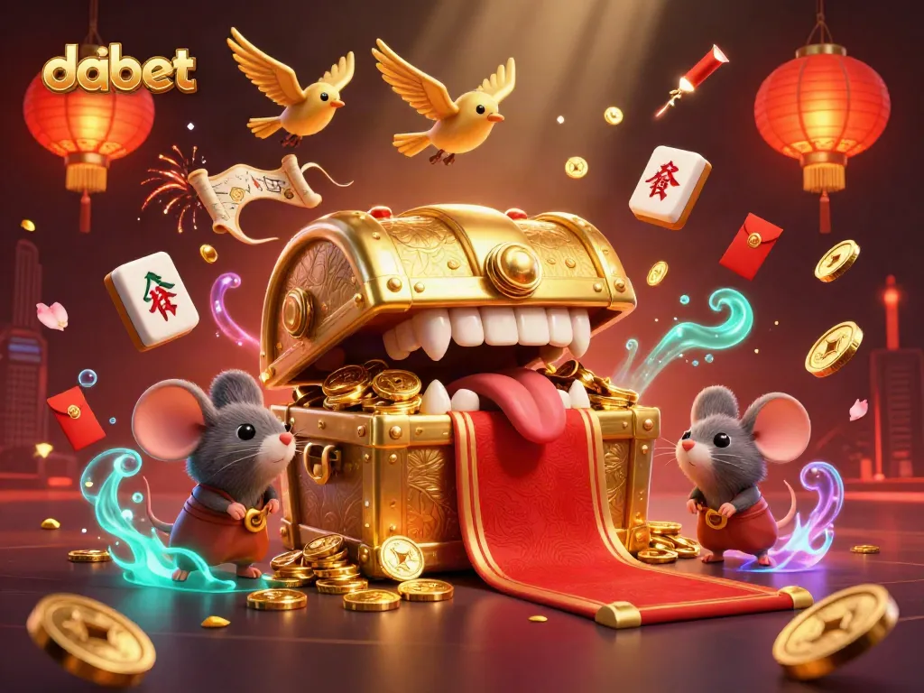 Experience thrilling gameplay with dabet, featuring a treasure chest, vibrant game elements, and capturing casino ambiance.