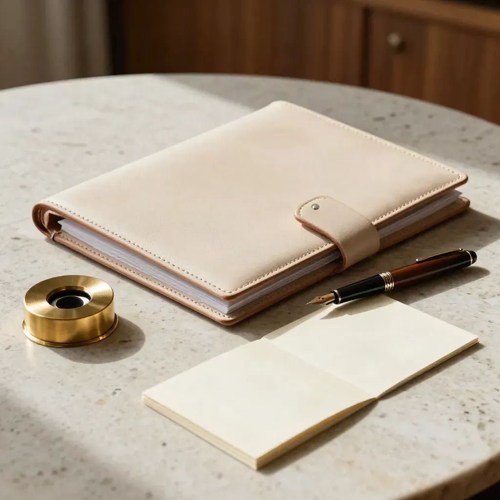 Cream leather contract folio with brass paperweight and pen on travertine in soft window light.