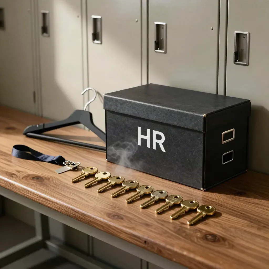 Locker keys, lanyard clip, coat hanger and HR file box on a warm bench in soft morning light.