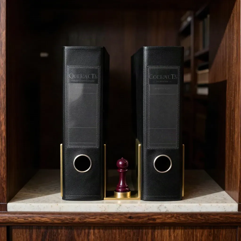 Black legal binders balanced by a brass bookend, rook, and wax seal on a travertine shelf.