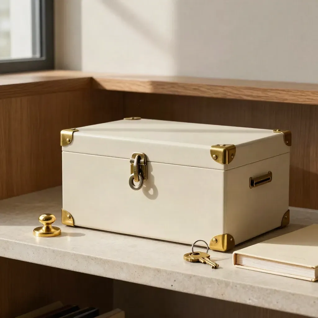 Company formation shelf with brass keys, seal, and archive box on pale stone.