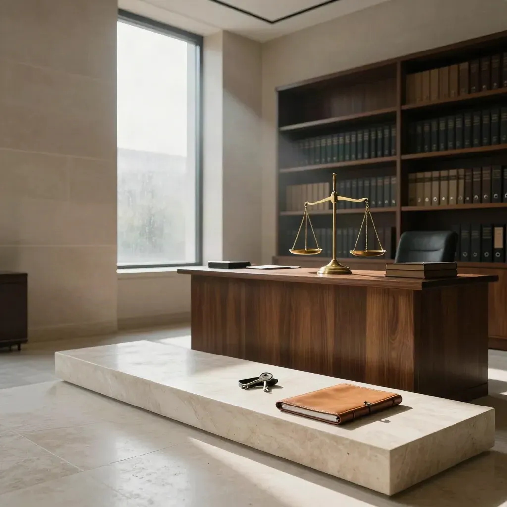 Moody law office with stone, walnut and brass in raking morning light.