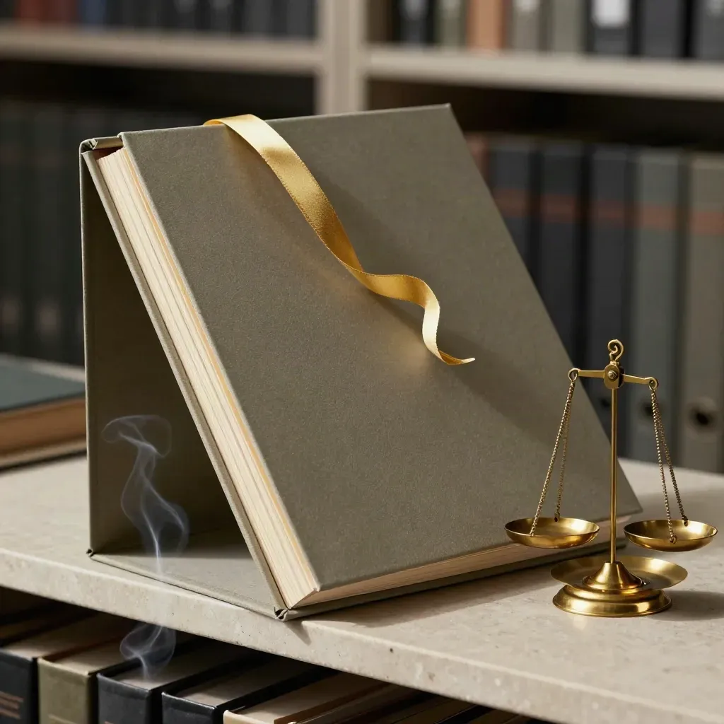 Case bundle, brass scale and loosened ribbon on a stone archive surface, shot diagonally.