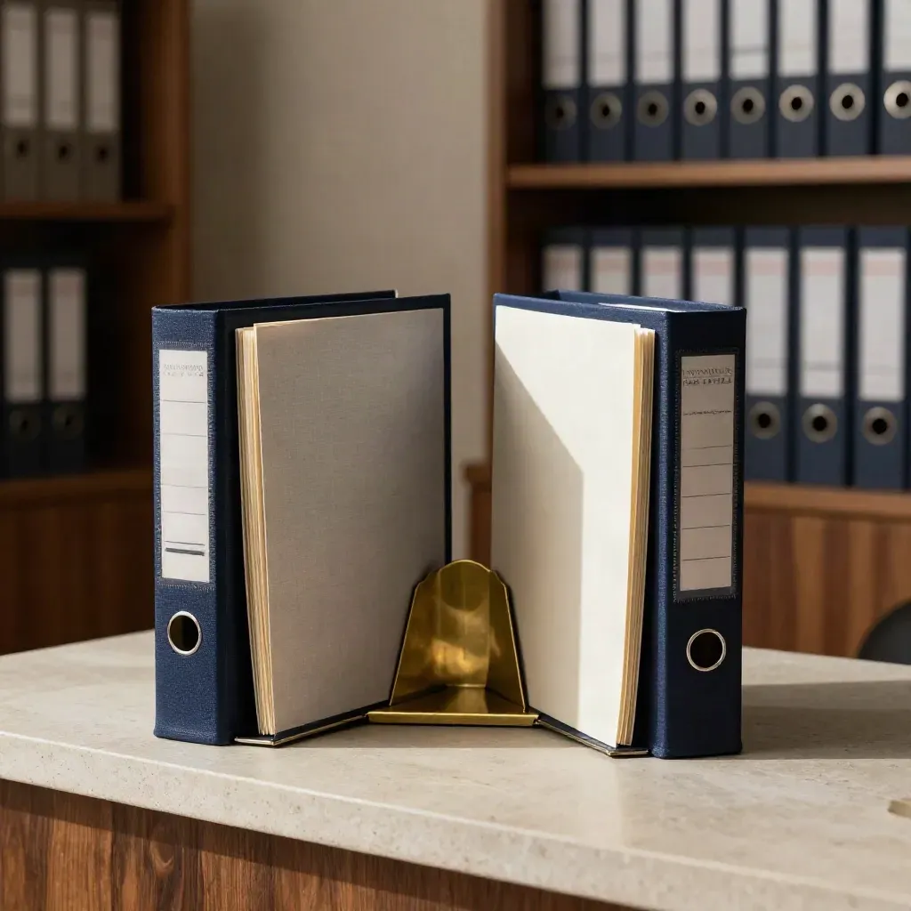 Two navy founder binders balanced by a brass bookend with sealed folders on a stone shelf.