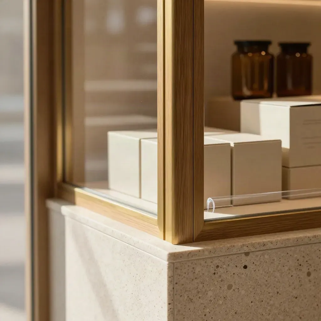 Macro of a boutique storefront counter and oak shelving glowing in morning window light.