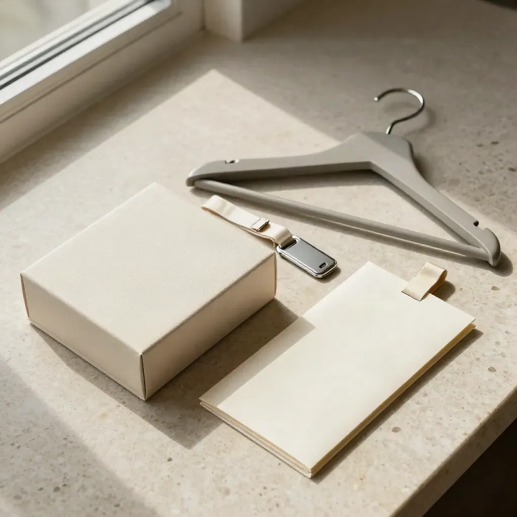 Flat lay of a legal onboarding kit with lanyard, key fob, hanger and welcome box