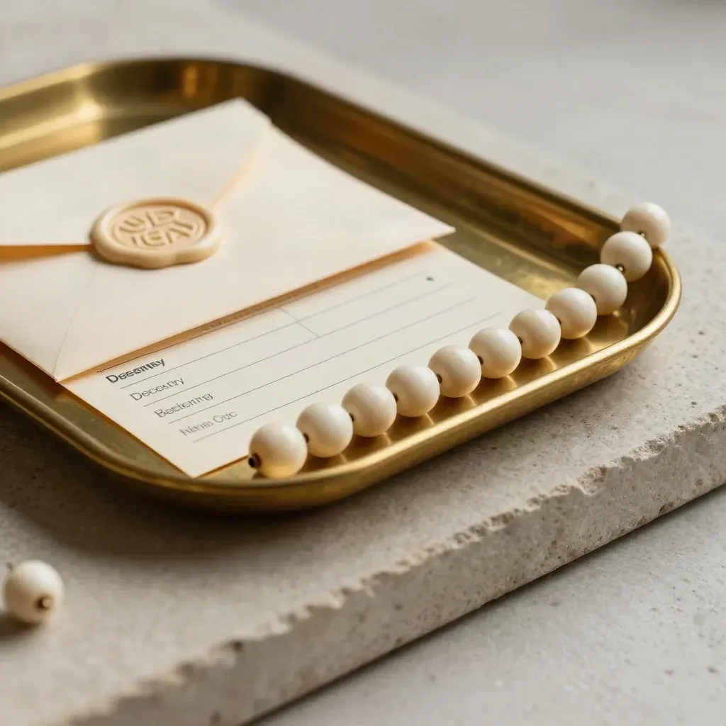 Brass receipt tray, sealed remittance envelope, and ivory ledger beads on pale stone.