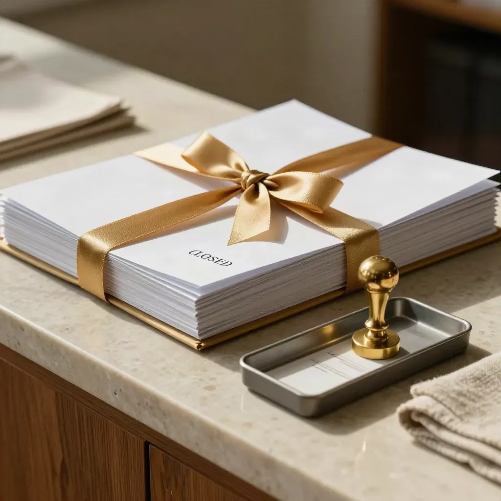 Closed legal case bundle with gold ribbon, brass stamp and receipt tray on stone.