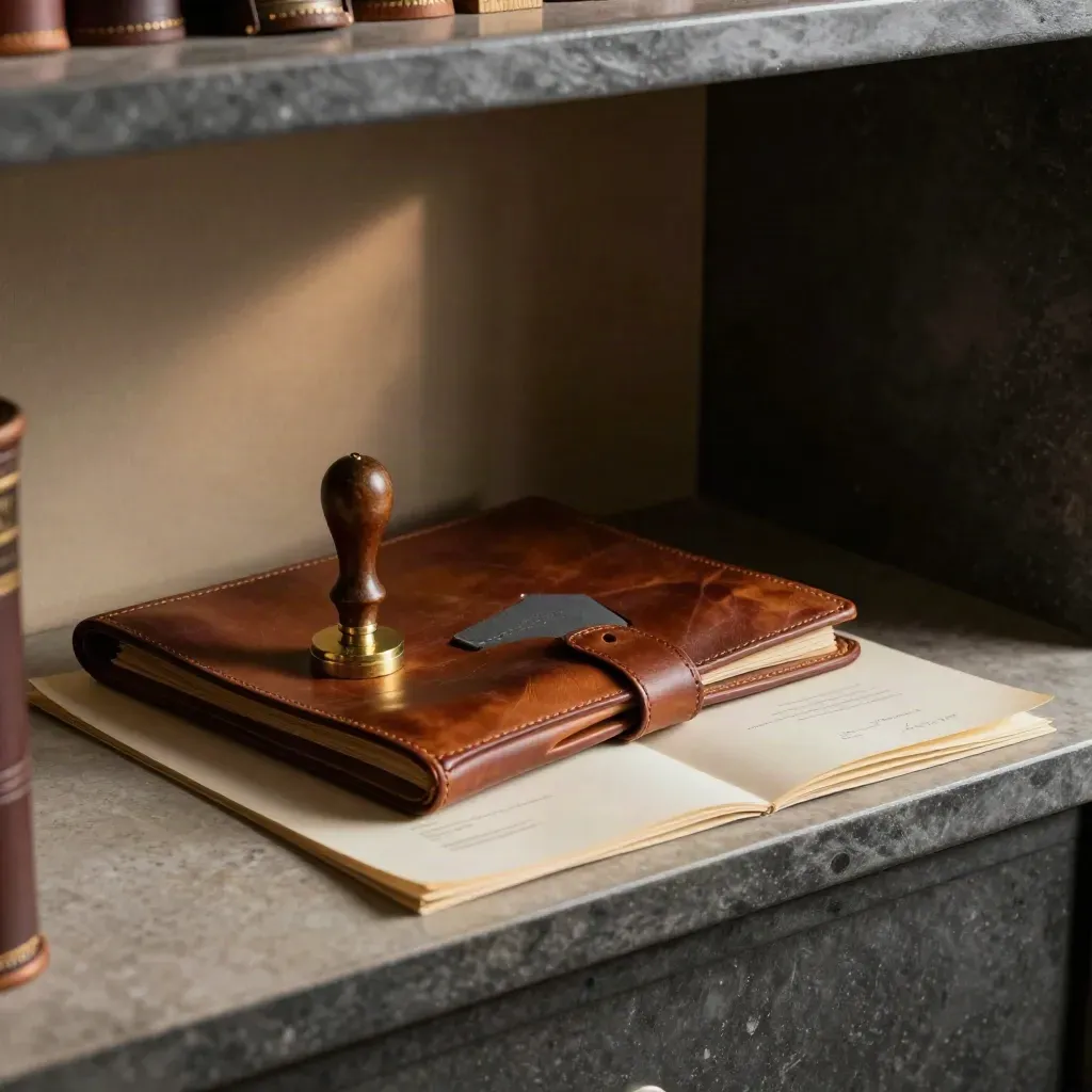 Leather legal files and brass seal in dramatic archive light.