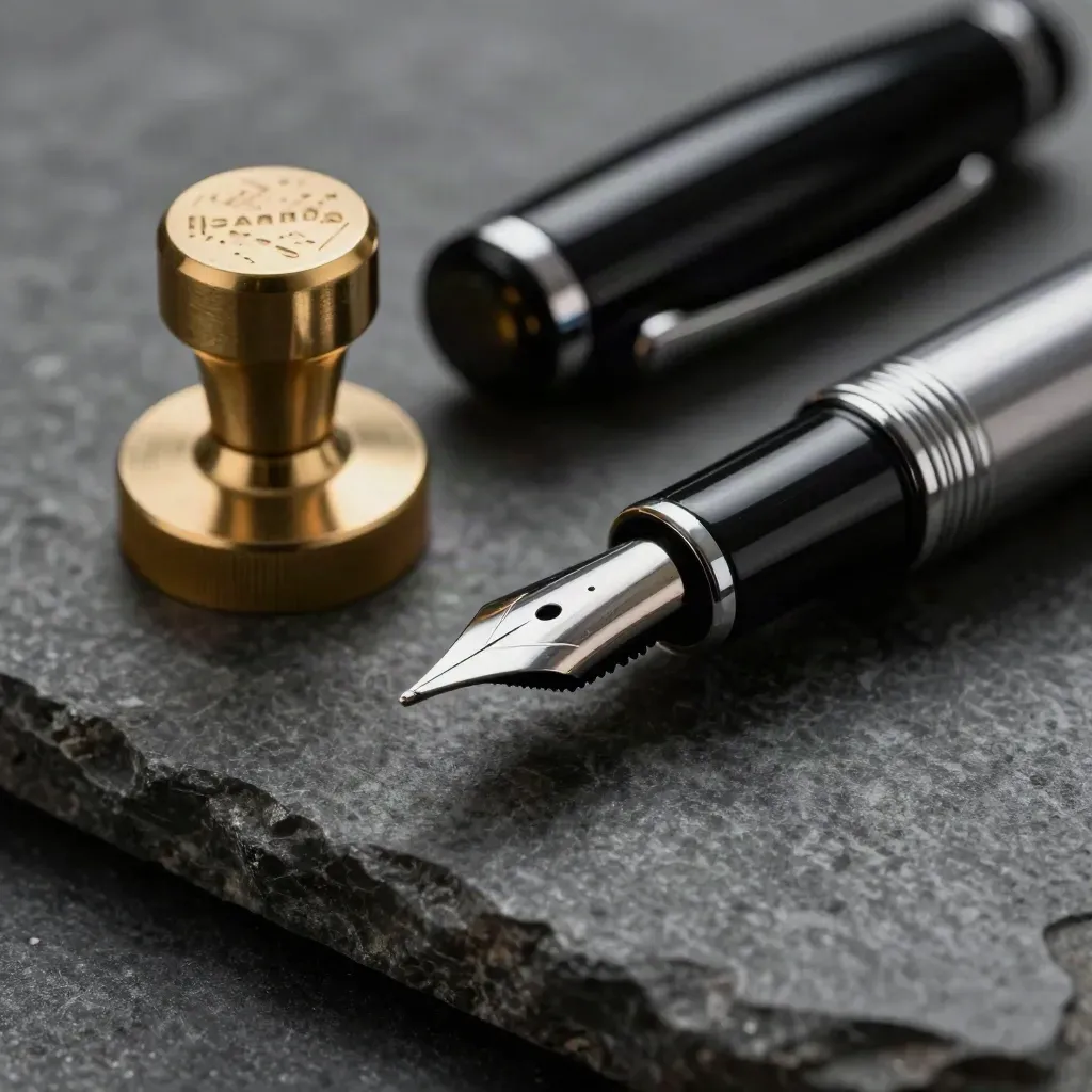 Macro of a fountain pen, brass seal and case tabs on dark stone in dramatic side light