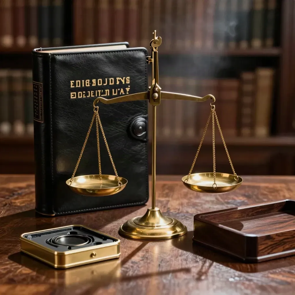 Brass scales, legal folio and paperweight on walnut in dramatic law-office light.