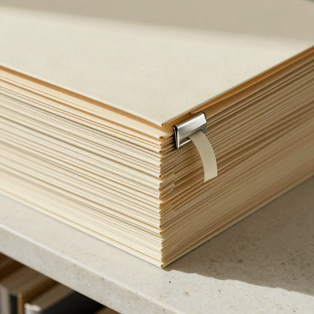 Cream legal folders with a silver clip and ivory ribbon on pale stone