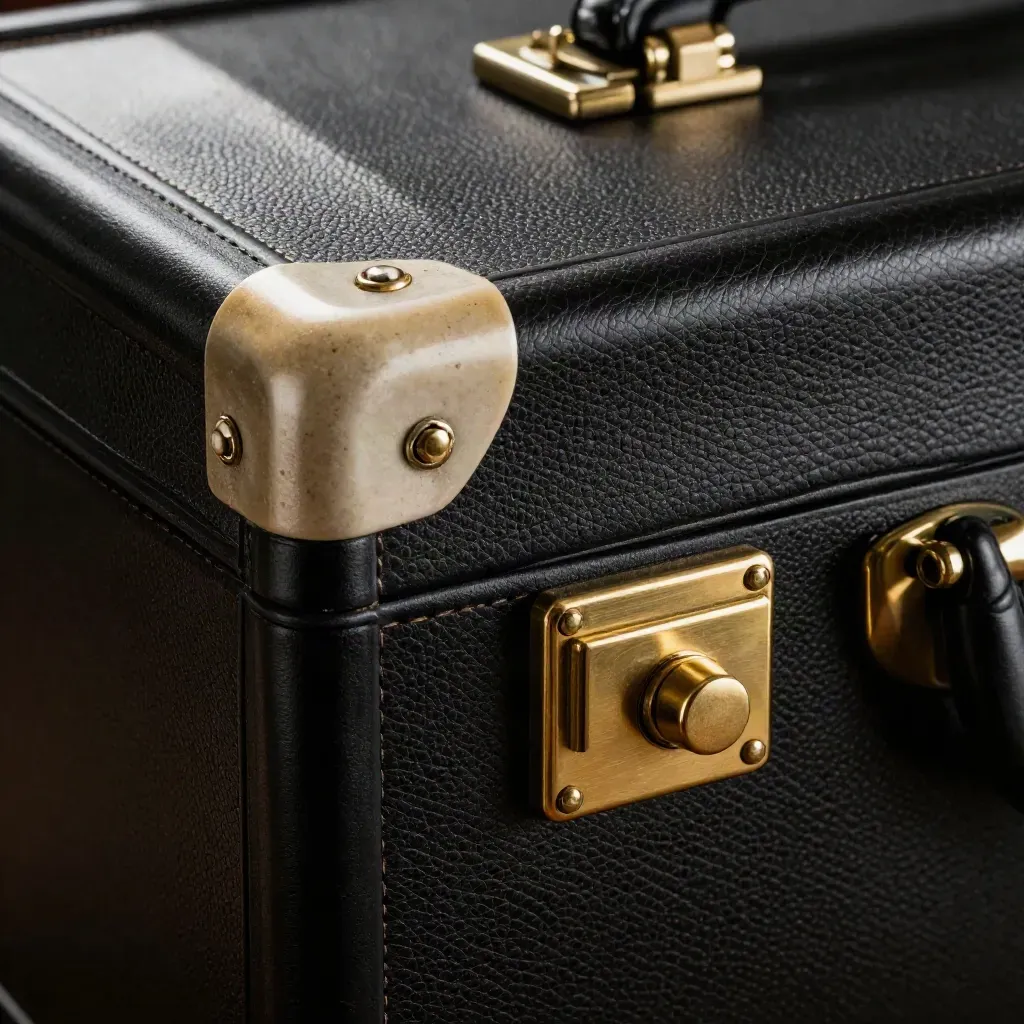 Extreme macro of a black leather briefcase edge with brass lock and ivory corner guard on pale stone
