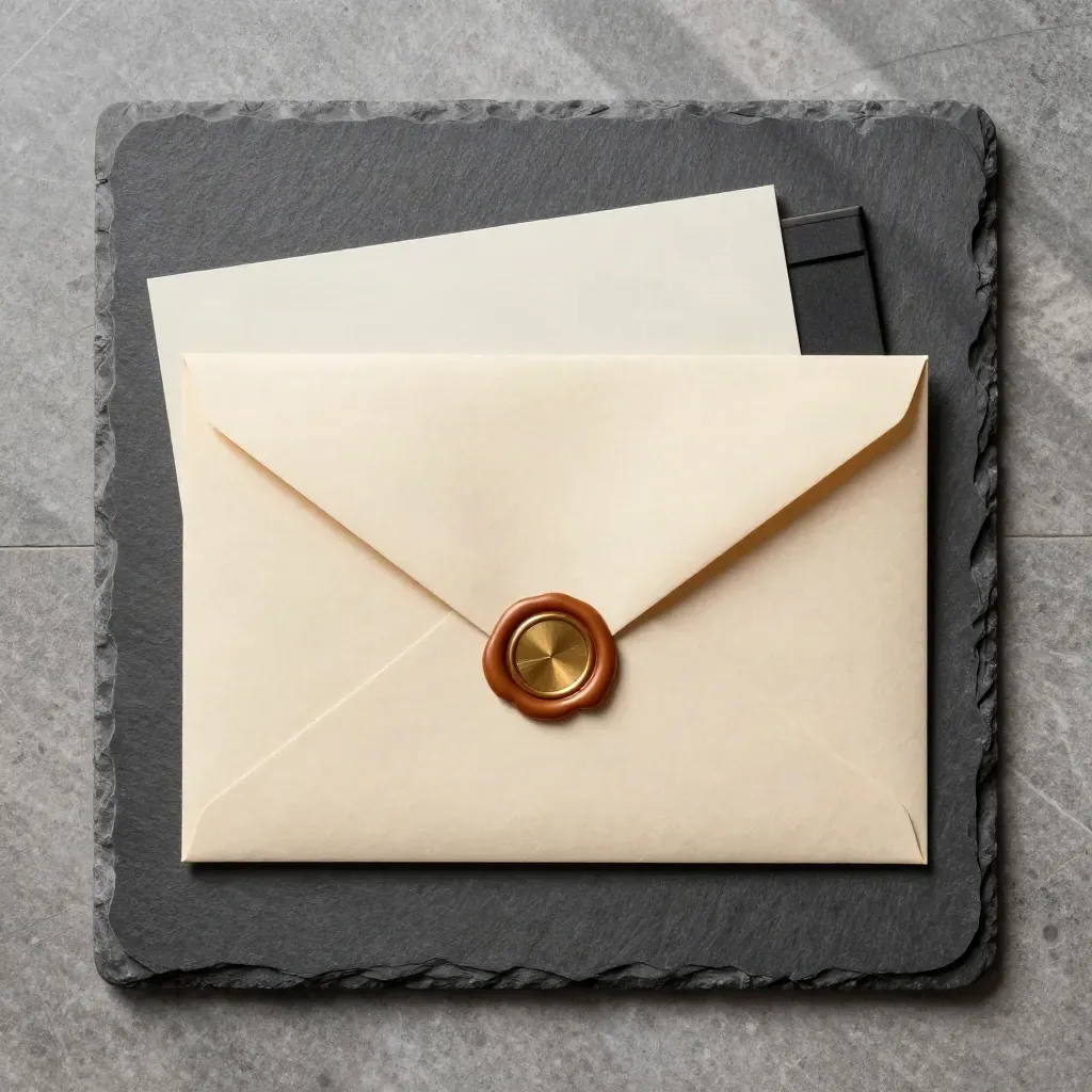 Overhead legal flatlay with sealed case envelope, brass clip and wax seal on slate.