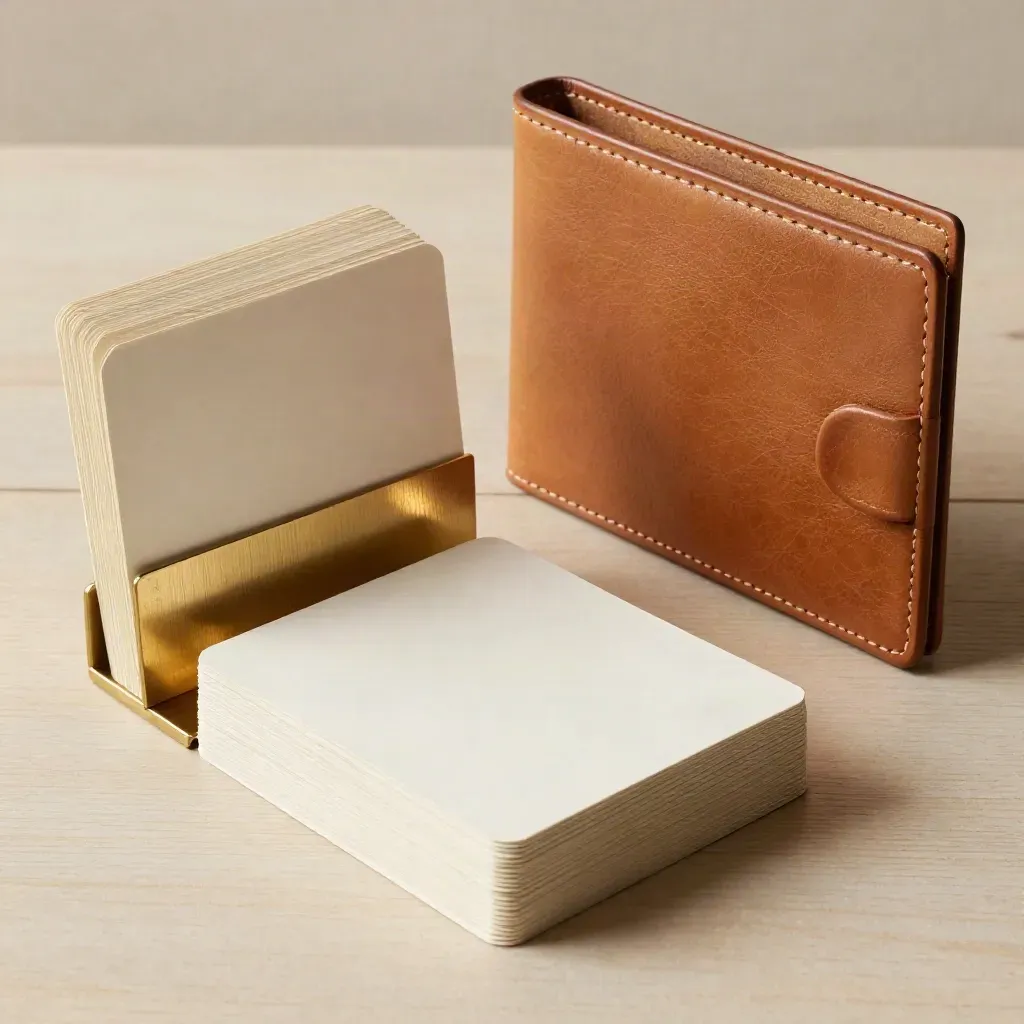 Cream legal cards, brass divider and leather folder on pale wood in soft side light
