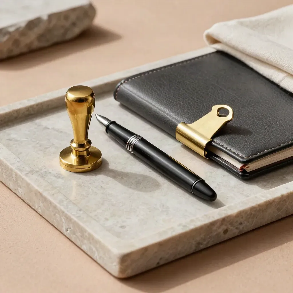 Brass seal stamp, fountain pen, file clip and leather portfolio on a limestone tray.