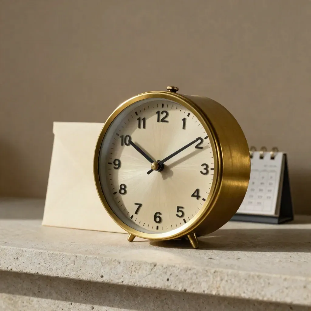 Brass clock, sealed envelope and calendar block on a pale stone shelf with soft side light.