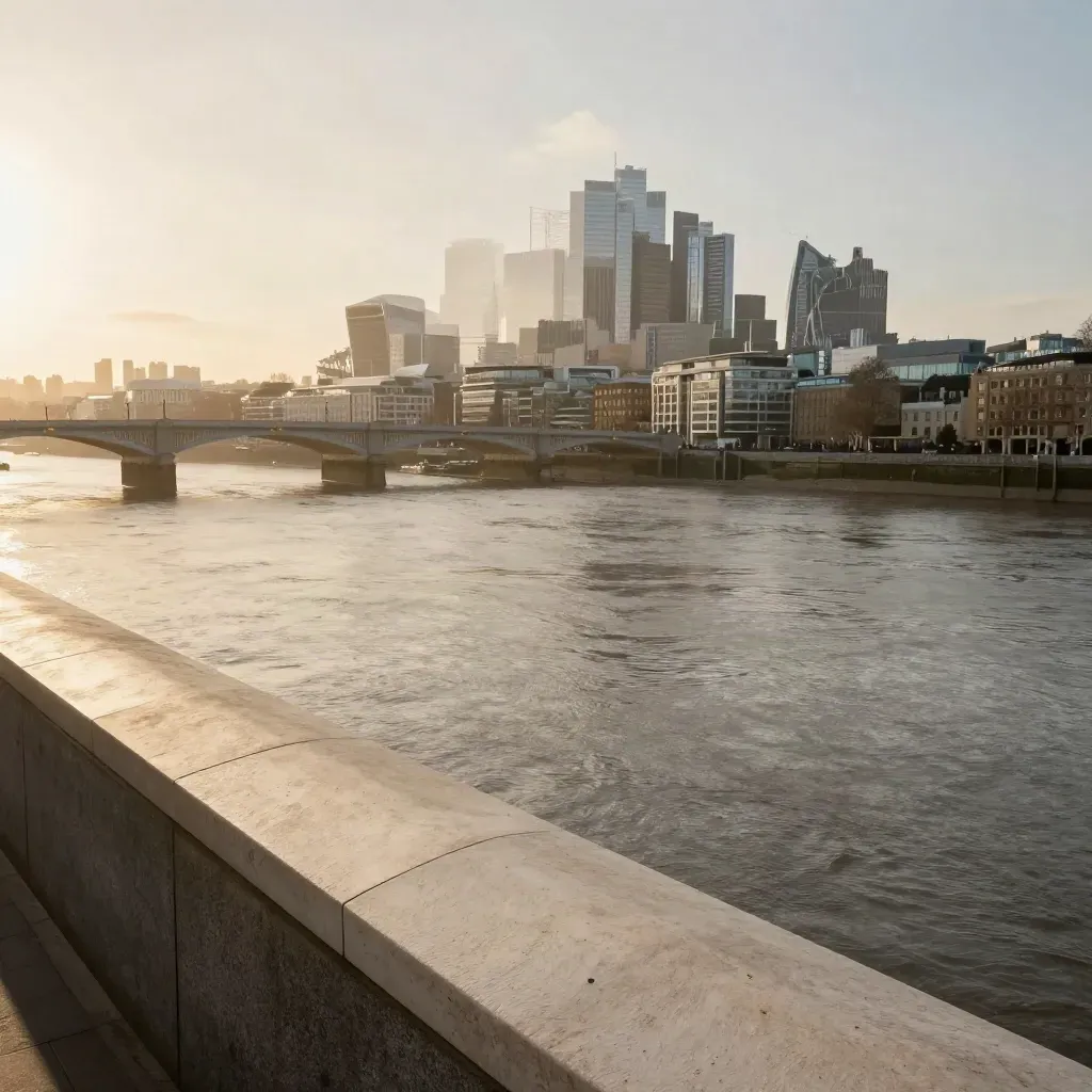 Hazy Thames and London skyline at golden hour, bridge silhouettes above calm water